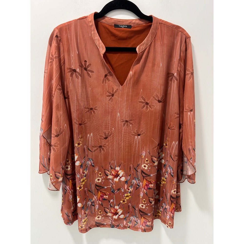 Valolia Womens XXL Rust Orange Floral Mesh Overlay Blouse 3/4 Slit Bell Sleeve